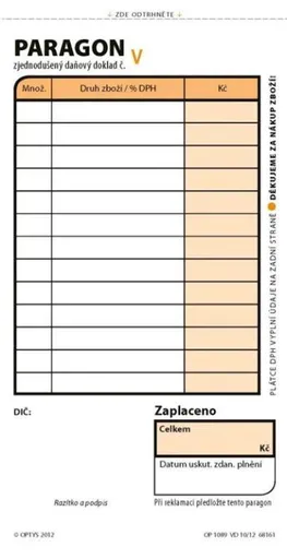 Tiskopis Paragon obchodní 7,5x15cm samopropis číslovaný 2x50 listů OPTYS
