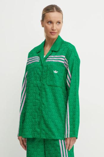 Košile adidas Originals 70s Top dámská, zelená barva, relaxed, s klasickým límcem, JN7659