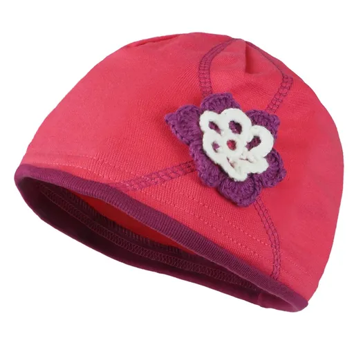 Pletex Dětská čepice s háčkovanou kytičkou - Jahodová | 44-48