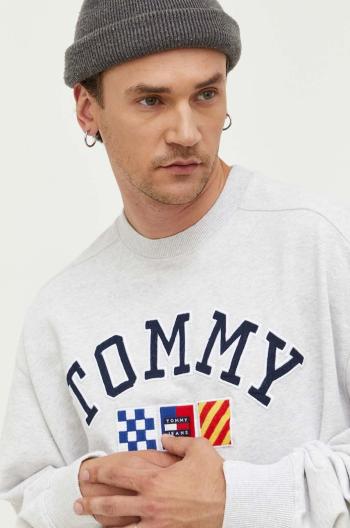 Bavlněná mikina Tommy Jeans pánská, šedá barva, melanžová