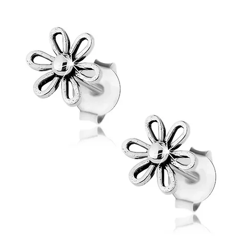 Náušnice ze stříbra 925, lesklý kvítek s kuličkou uprostřed, patina