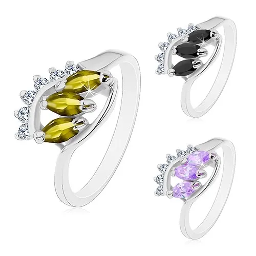 Prsten ve stříbrném odstínu, lesklá zahnutá ramena, tři barevné zrnkovité zirkony - Velikost: 54, Barva: Černá