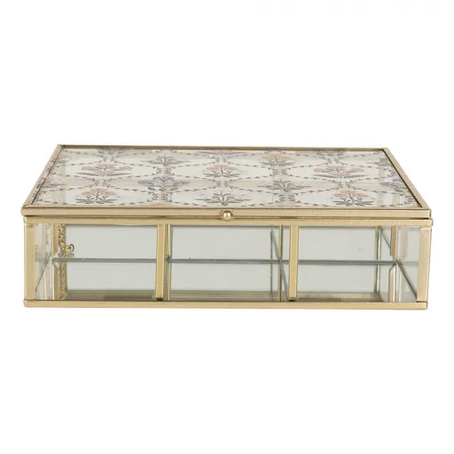 Mosazná antik kovová skleněná šperkovnice s květinami - 20*16*5 cm Clayre & Eef