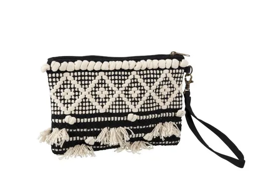 Černo-krémová kabelka do ruky Monochrome Boho s třásněmi - 25*17cm 94936