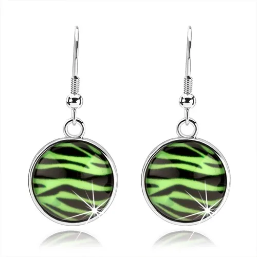 Kabošon náušnice s vypouklým sklem, vzor zebry v zelenočerné kombinaci