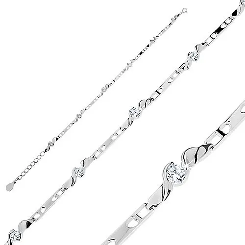 Náramek ze stříbra 925, lesklé spoje s výřezy ve tvaru srdcí, vlnité linie, čirý zirkon