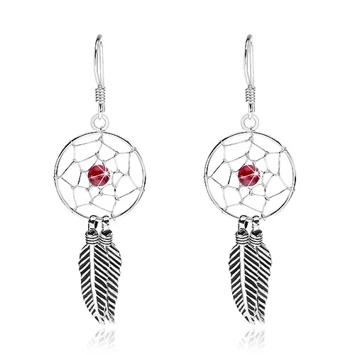 Visací náušnice ze stříbra 925, kruhový lapač snů, tmavě červený korálek, 15 mm