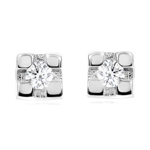 Diamantové náušnice v bílém 14K zlatě - čtverec s kulatým diamantem, puzetky