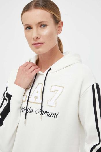 Mikina EA7 Emporio Armani dámská, béžová barva, s kapucí, s aplikací