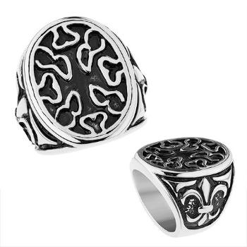 Patinovaný oceľový prsteň, ovál s nepravidelnými výrezmi, Fleur de Lis - Veľkosť: 67 mm
