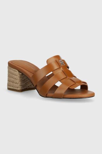 Kožené pantofle Tommy Hilfiger BLOCK MID HEEL LEATHER SANDAL dámské, hnědá barva, na podpatku, FW0FW08049