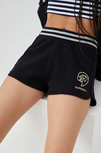 Kraťasy Superdry dámské, černá barva, s aplikací, high waist