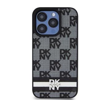 DKNY PU Leather Checkered Pattern and Stripe iPhone 13 Pro Max hátlap tok, fekete