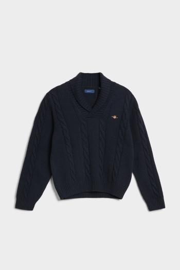 SVETR GANT D1. SHAWL COLLAR CABLE KNIT EVENING BLUE