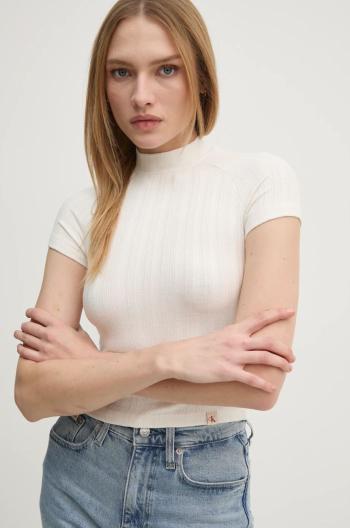 Tričko Calvin Klein Jeans béžová barva, s pologolfem, J20J225017