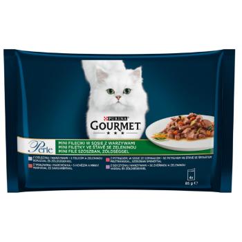 Gourmet Perle multipack minifiletky telecí se zeleninou/zvěřina se zeleninou/hovězí s mrkví/pstruh se špenátem ve šťávě 4x85g