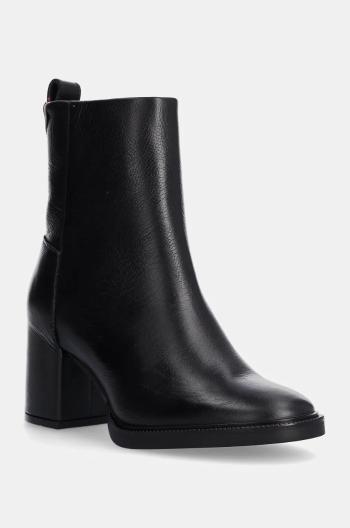 Kožené kotníkové boty Tommy Hilfiger ANKLE BOOT MID WRAPPED LTHR HEEL dámské, černá barva, na podpatku, FW0FW08098