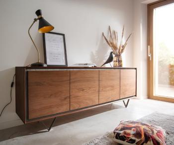 Komoda Stonegrace 200 cm akácie hnědá kamenina 4 dvířka podnož