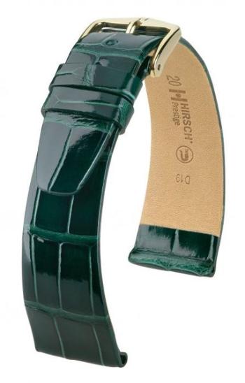 Řemínek Hirsch Prestige Alligator - tmavě zelený, lesk - 17 mm - L – Standardní délka (doporučujeme) - 14 mm - Stříbrná