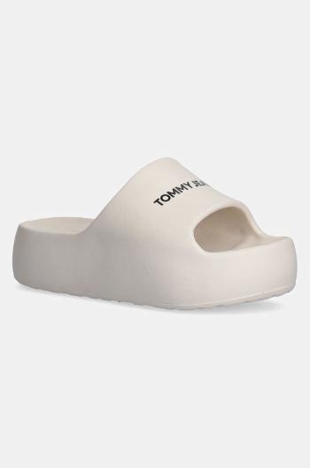 Pantofle Tommy Jeans TJW FLATFORM POOL SLIDE ESS dámské, béžová barva, na platformě, EN0EN02763