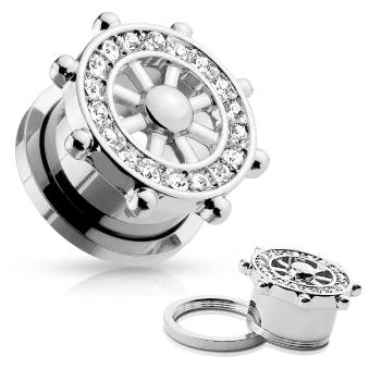 Tunel plug do ucha z ocele 316L, strieborná farba, lodné kormidlo so zirkónmi - Hrúbka: 16 mm