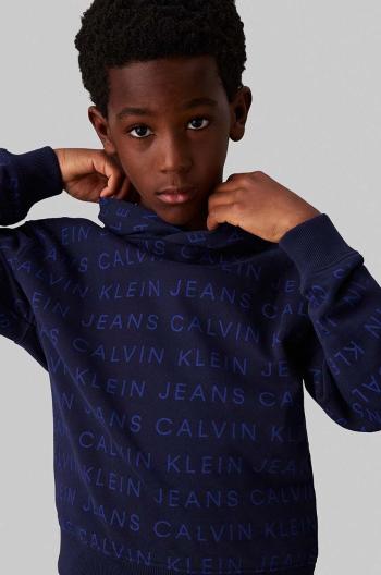 Dětská bavlněná mikina Calvin Klein Jeans tmavomodrá barva, s kapucí, vzorovaná, IB0IB02322