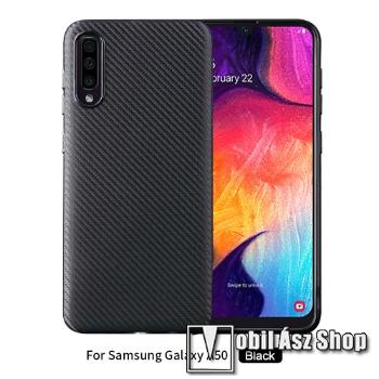 Szilikon védő tok / hátlap - FEKETE - KARBON MINTÁS - SAMSUNG SM-A307F Galaxy A30s / SAMSUNG SM-A505F Galaxy A50 / SAMSUNG Galaxy A50s