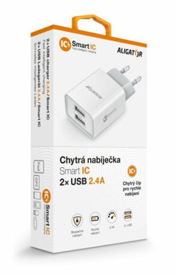 Chytrá síťová nabíječka ALIGATOR 2,4A, 2xUSB, smart IC, bílá