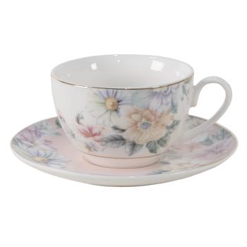 Porcelánový šálek s podšálkem s květinami Flowers - Ø 10*6 / Ø 15*2 cm / 250 ml FLOKS