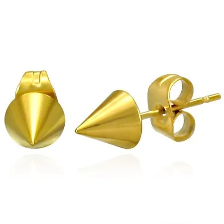 Lesklé náušnice z oceli - ostrý špičatý kužel zlaté barvy, puzetky