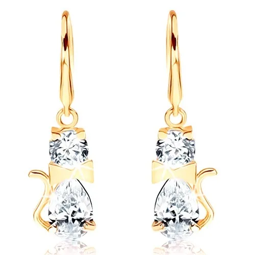 Náušnice ve žlutém 14K zlatě - čirá zirkonová kočička s mašlí na krku