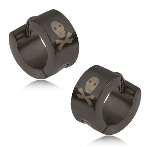 Ocelové náušnice černé barvy, lebka, zkřížené kosti