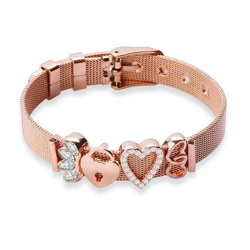 Síťovaný náramek z oceli v měděné barvě s korunkou a srdíčky
