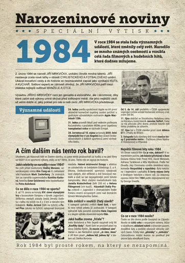 Narozeninové noviny 1984 s vlastní fotografií a textem, S textem