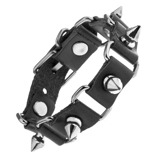 Nastavitelný náramek z černé kůže a oceli, okované ostny