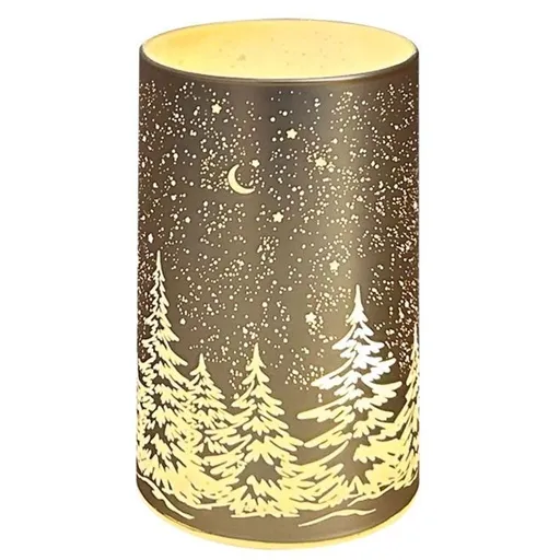 Anděl Přerov Svítící skleněný válec s motivem krajiny zlatý, 12,8 x 7,5 cm, teplá bílá, 10 LED, časovač