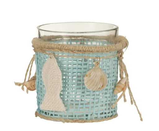 Skleněný svícen s modrým lýkem a mušlemi Sea - Ø 8*8cm J-Line by Jolipa