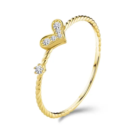 Zlatý prsten 585, spirálovitě zatočená ramena, třpytivé srdíčko, zirkon - Velikost: 59