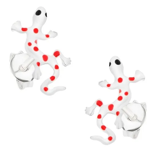 Náušnice ze stříbra 925, bílá glazovaná ještěrka s červenými tečkami