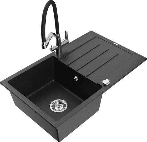 MEXEN/S Bruno granitový dřez s odkapávačem včetně baterie Duo, černá/stříbrná metalik 6513-73-671701-07