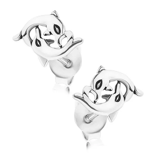 Stříbrné náušnice 925, ohýbající se delfíni, puzetové zapínání