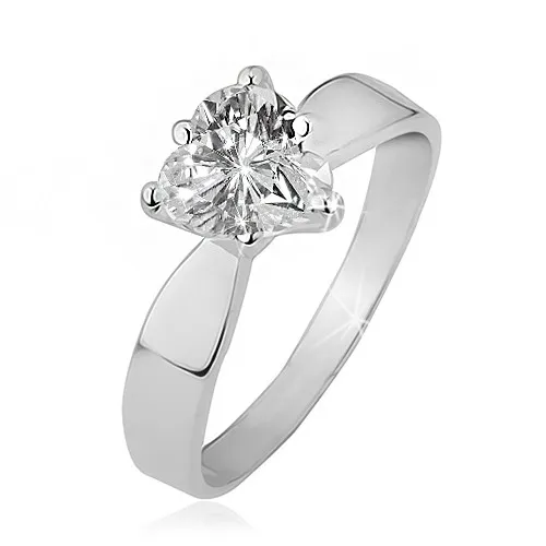 Prsten ze stříbra 925 - čiré zirkonové srdce, hladká lesklá ramena - Velikost: 48