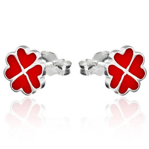 Stříbrné puzetové náušnice 925 - červená srdíčka ve čtyřlístku
