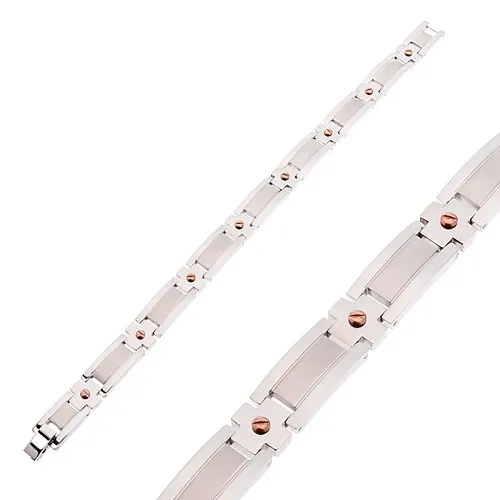 Ocelový náramek s matným pruhem, lesklé šroubky měděné barvy