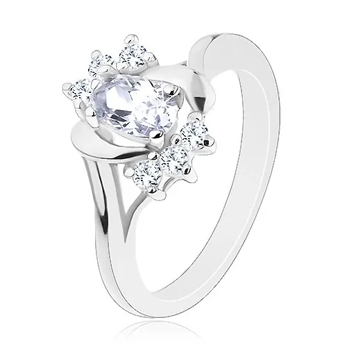 Prsten s rozdělenými rameny, oválný čirý zirkon, kulaté zirkonky, lesklé oblouky - Velikost: 50