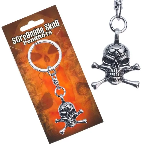 Kovový přívěsek na klíče, lebka s překříženými hnáty