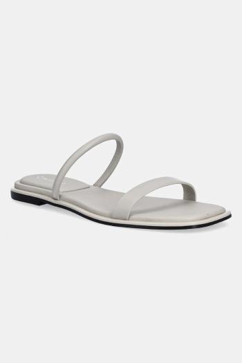 Calvin Klein bőr papucs FLAT SANDAL SQUARED 2-BAR LTH szürke, HW0HW02532