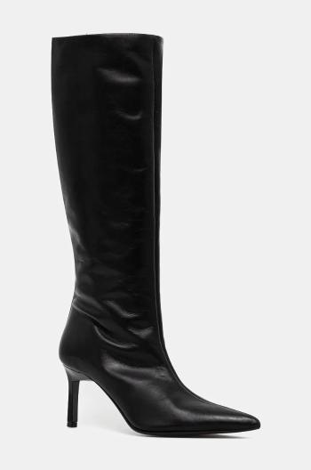 Kožené kozačky Calvin Klein HEEL KNEE BOOT 70 LTH dámské, černá barva, na podpatku, HW0HW02162