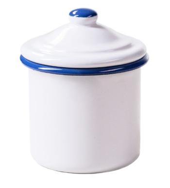 Bílá smaltovaná dóza s modrou linkou White blue - Ø8*11cm - 0,3L 1045.1