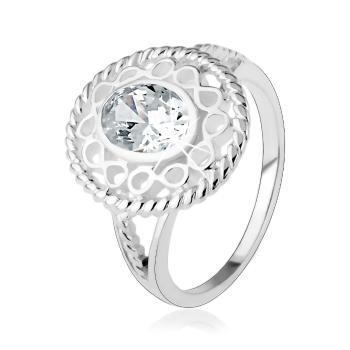 Strieborný prsteň 925, širšia kontúra zo symbolov "infinity", oválny číry zirkón - Veľkosť: 48 mm